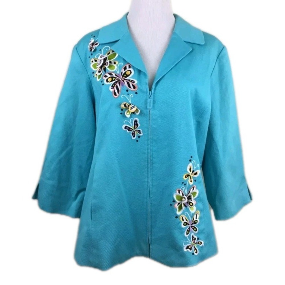 Bob Mackie Jacket Womens XL Blue Butterfly Applique Zip Artsy Art To Wear Blazer